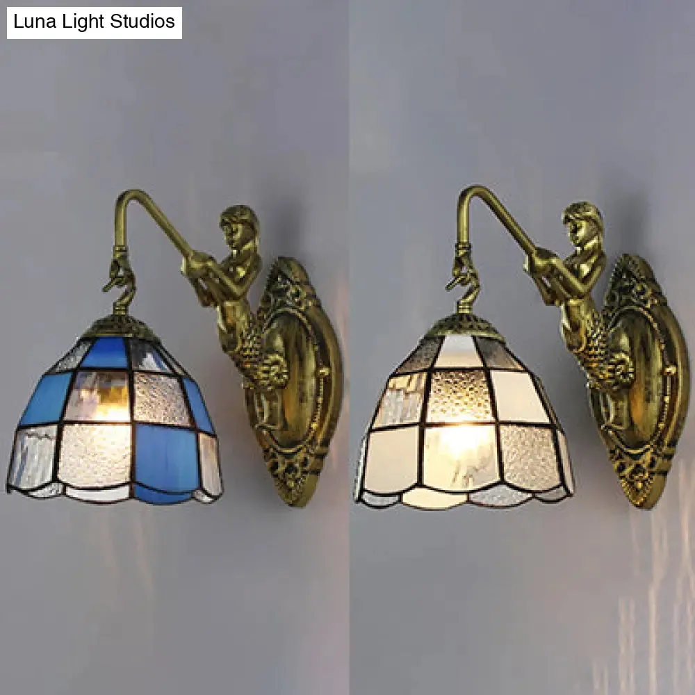 Baroque Grid Patterned Sconce Lighting - White/Blue Glass Wall Mounted Light Fixture for Hallway