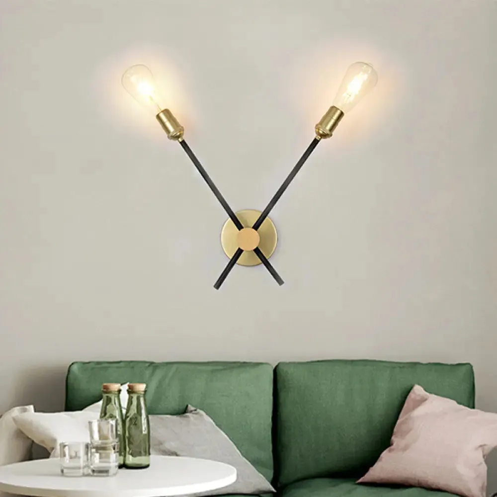 Bedroom Wall Lamp: Black-Gold Wrought Iron Sconce Light with Exposed Bulbs