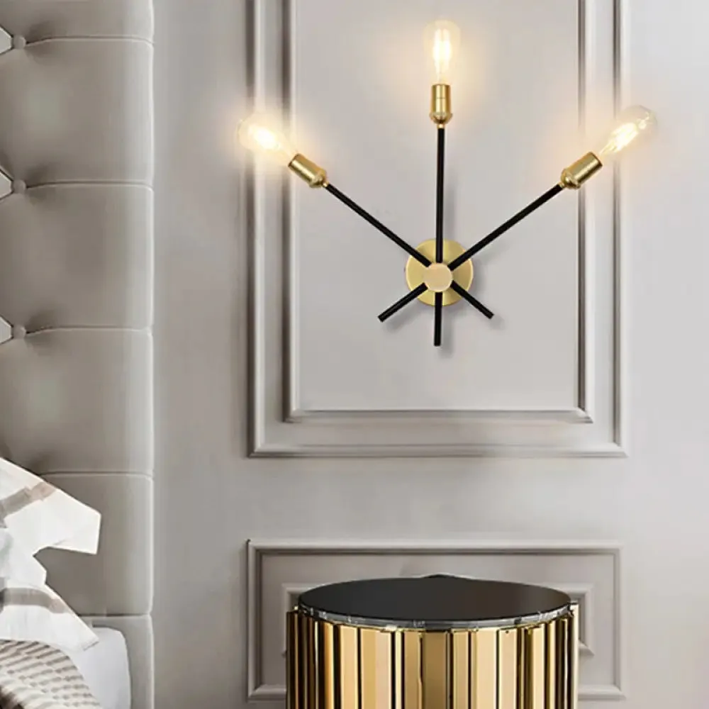 Bedroom Wall Lamp: Black-Gold Wrought Iron Sconce Light with Exposed Bulbs