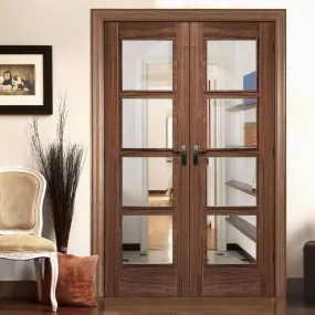 Bespoke Fire Internal Door Pair, Vancouver Walnut 4L Pair - 1/2 Hour Fire Rated - Clear Glass - Prefinished