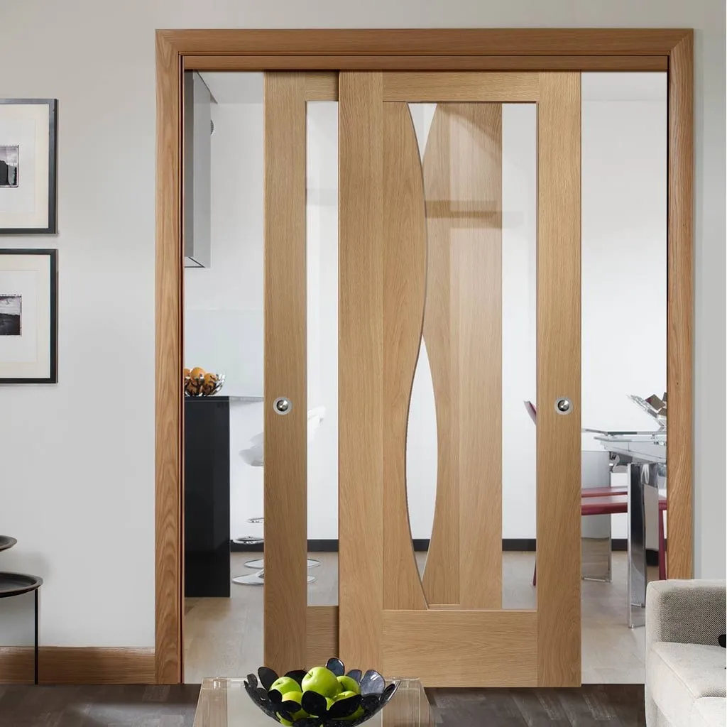 Bespoke Pass-Easi Emilia Oak Glazed - 2 Sliding Doors and Frame Kit - Stepped Panel Design