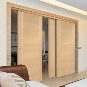 Bespoke Pass-Easi Forli Oak Flush - 3 Sliding Doors and Frame Kit - Aluminium Inlay - Prefinished