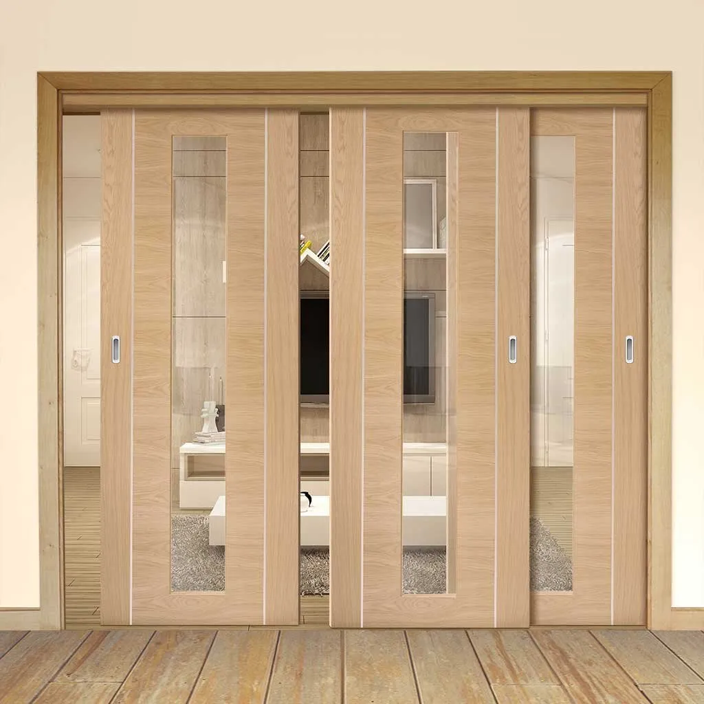 Bespoke Pass-Easi Forli Oak Glazed - 3 Sliding Doors and Frame Kit - Aluminium Inlay - Prefinished