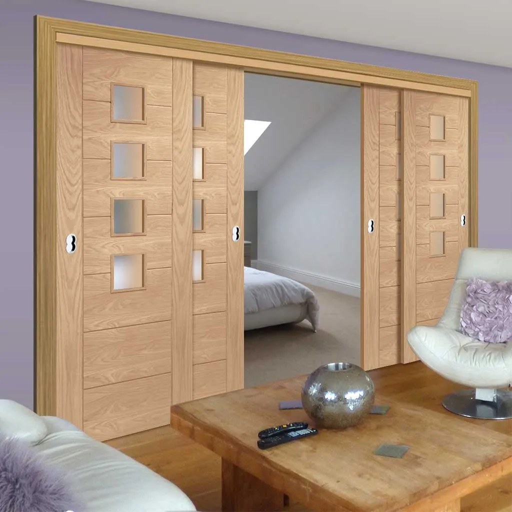 Bespoke Pass-Easi Palermo Oak Glazed - 4 Sliding Doors and Frame Kit - Prefinished