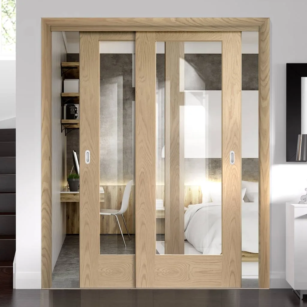 Bespoke Pass-Easi Pattern 10 1 Pane Shaker Oak Glazed - 2 Sliding Doors and Frame Kit