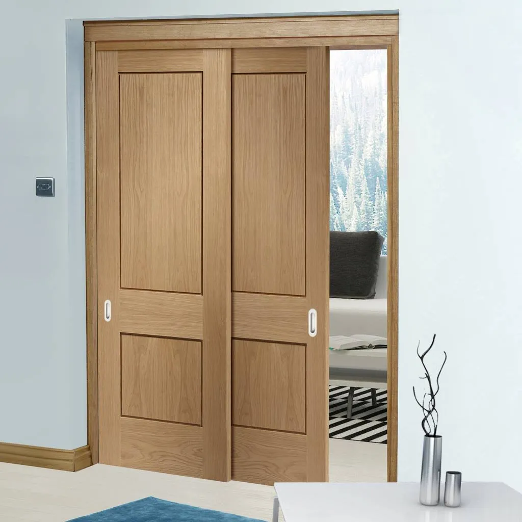 Bespoke Pass-Easi Piacenza Oak 2 Panel Flush - 2 Sliding Doors and Frame Kit - Groove Design