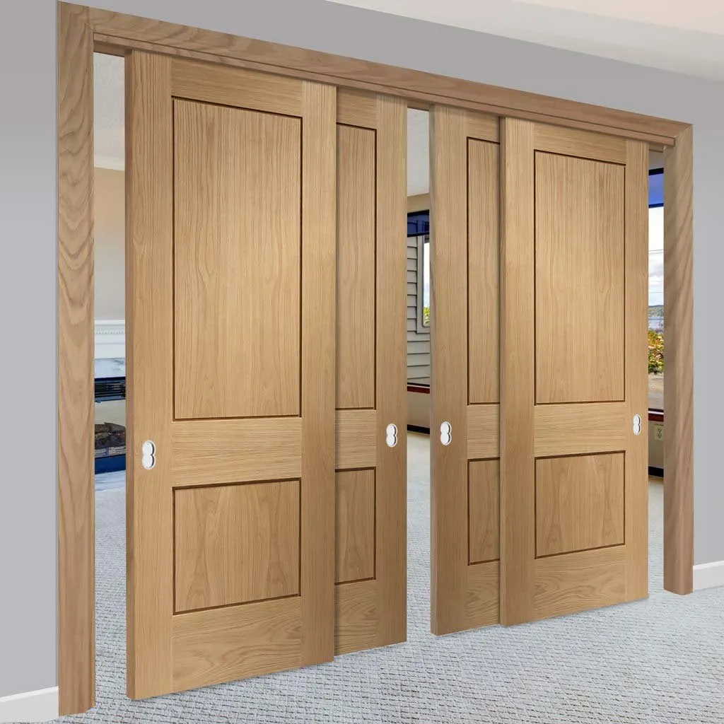 Bespoke Pass-Easi Piacenza Oak 2 Panel Flush - 4 Sliding Doors and Frame Kit - Groove Design