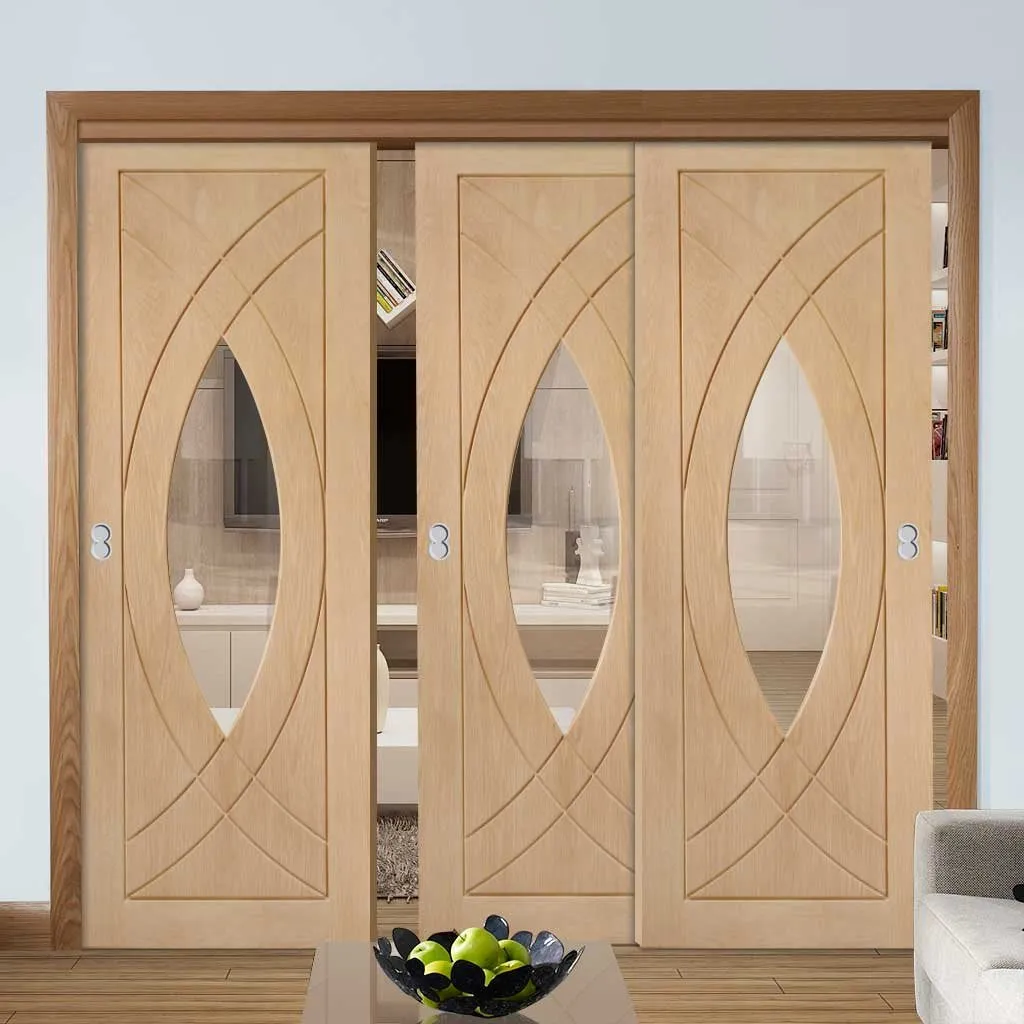 Bespoke Pass-Easi Treviso Oak Glazed - 3 Sliding Doors and Frame Kit - Prefinished