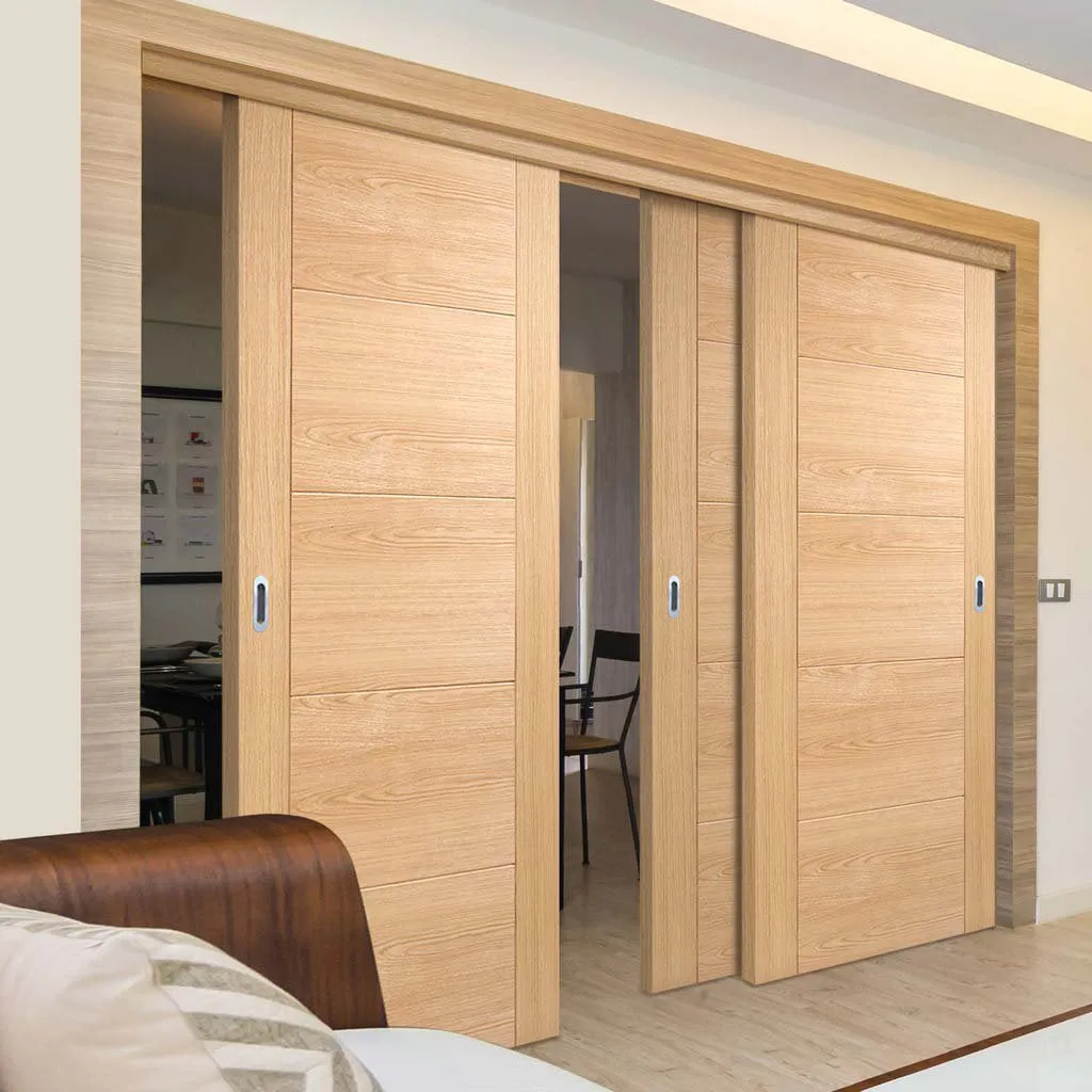 Bespoke Pass-Easi Vancouver Oak 5P Flush Door - 3 Sliding Doors and Frame Kit - Prefinished