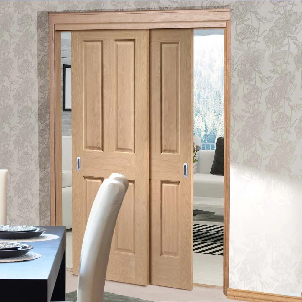 Bespoke Pass-Easi Victorian Oak 4 Panel - 2 Sliding Doors and Frame Kit - Prefinished