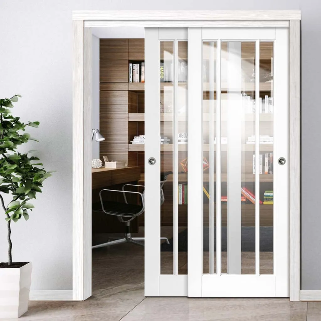 Bespoke Pass-Easi Worcester 3L - 2 Sliding Doors and Frame Kit - Clear Safety Glass - White Primed