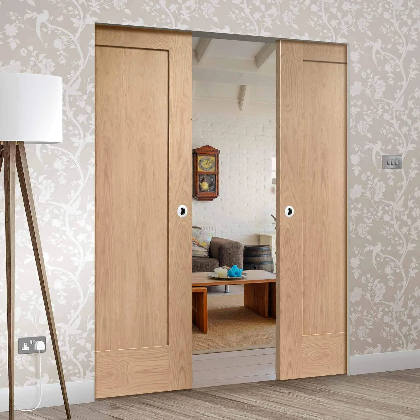 Bespoke Pattern 10 Oak 1 Panel Double Frameless Pocket Door