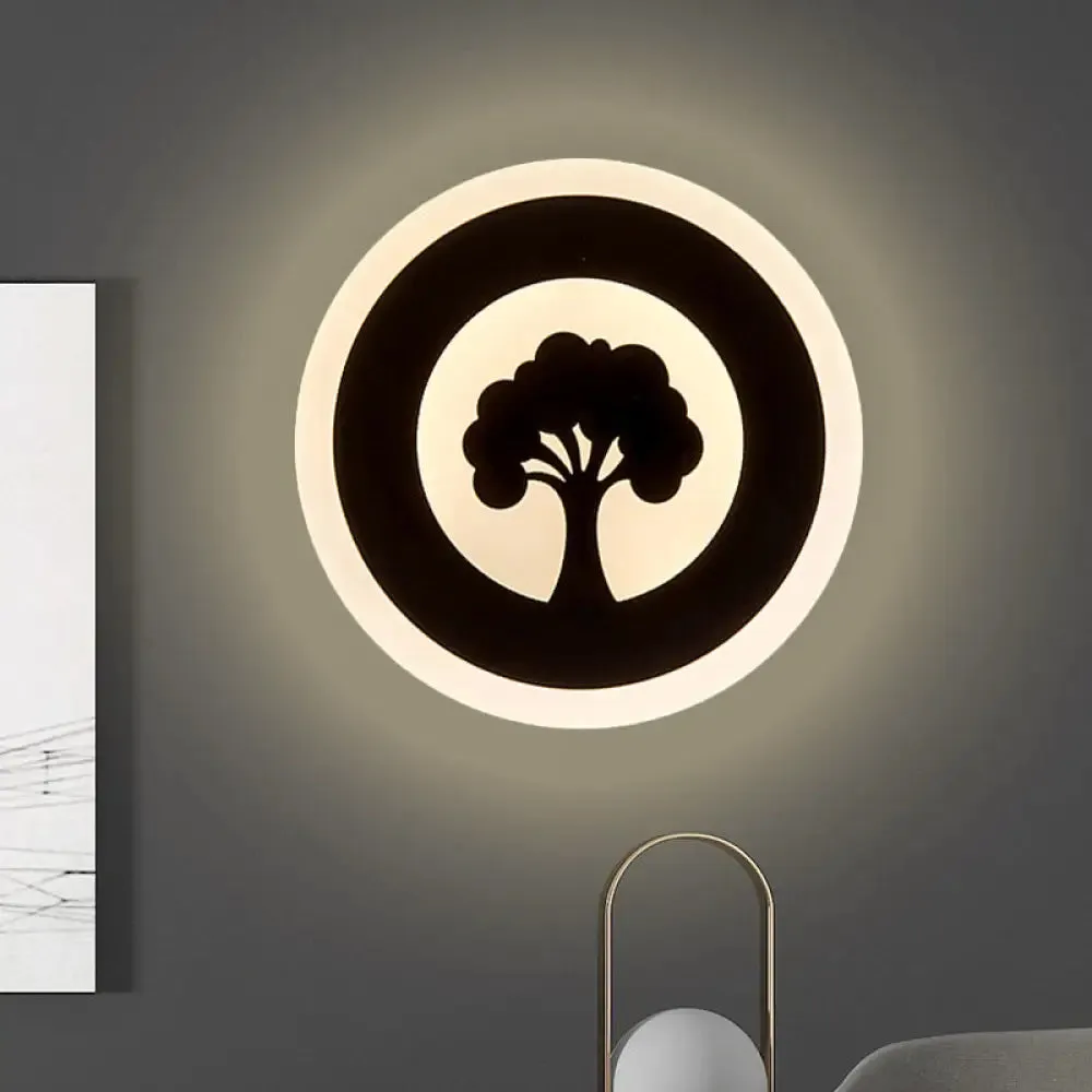 Black Acrylic Round LED Flush Wall Sconce with Tree Pattern - Modern and Elegant