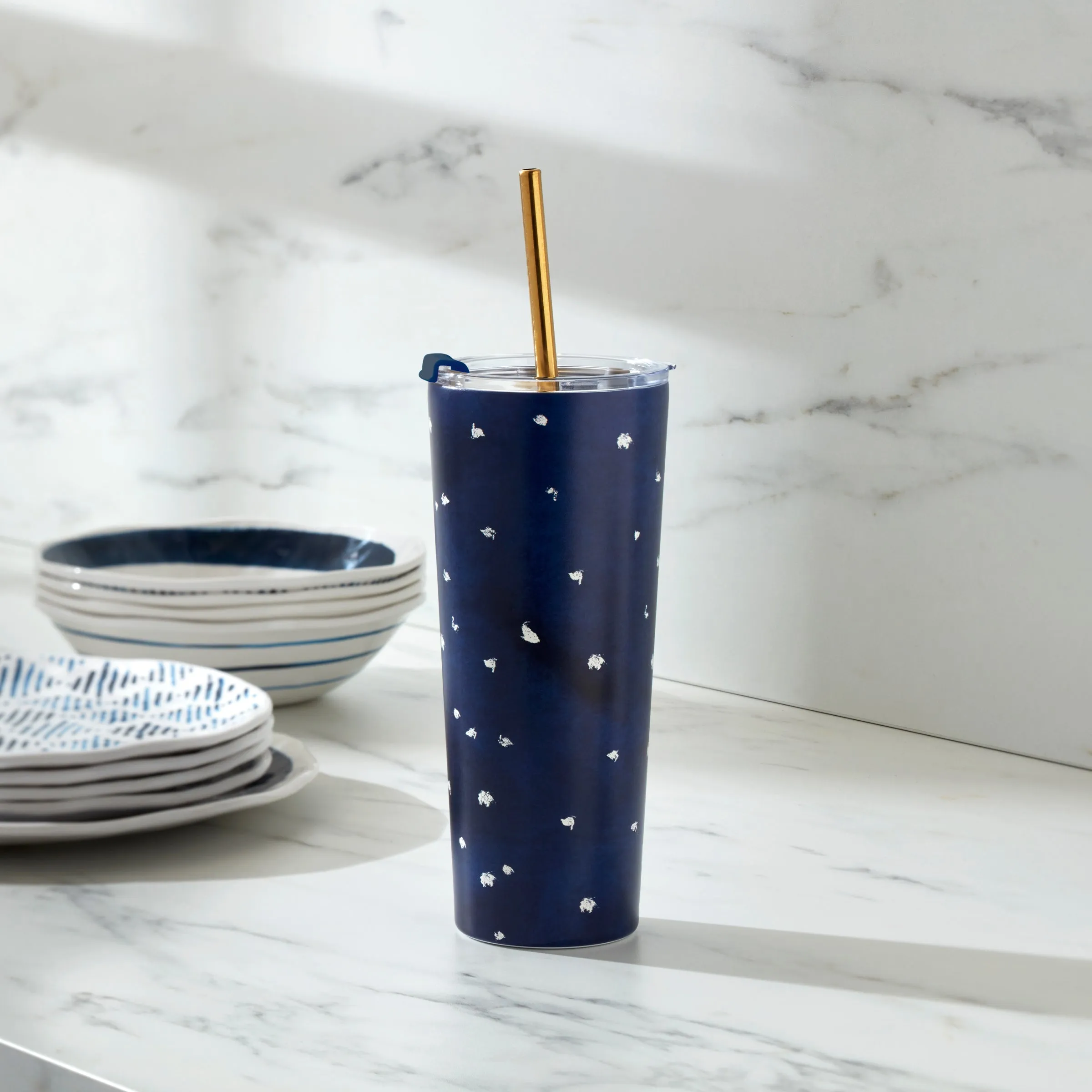 Blue Bay Dot Stainless Steel Tumbler With Straw