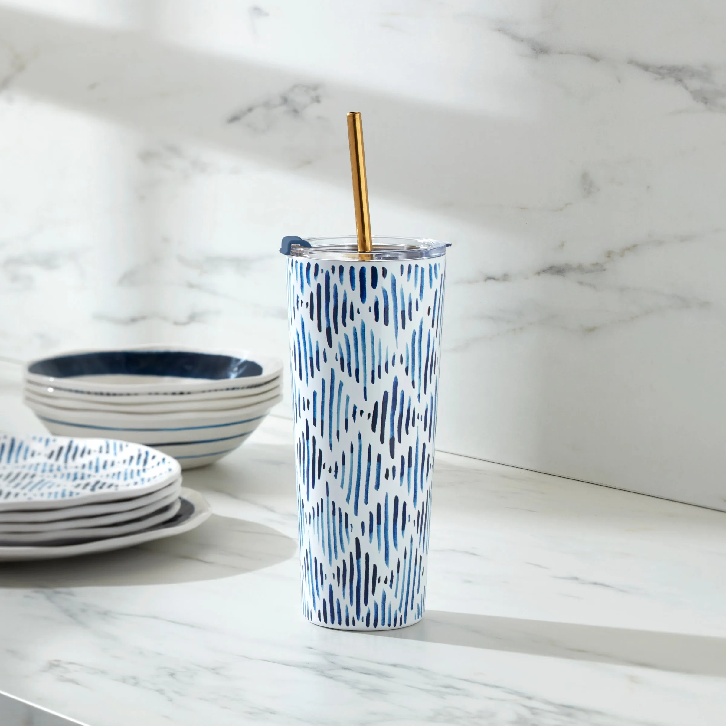 Blue Bay Ikat Stainless Steel Tumbler With Straw