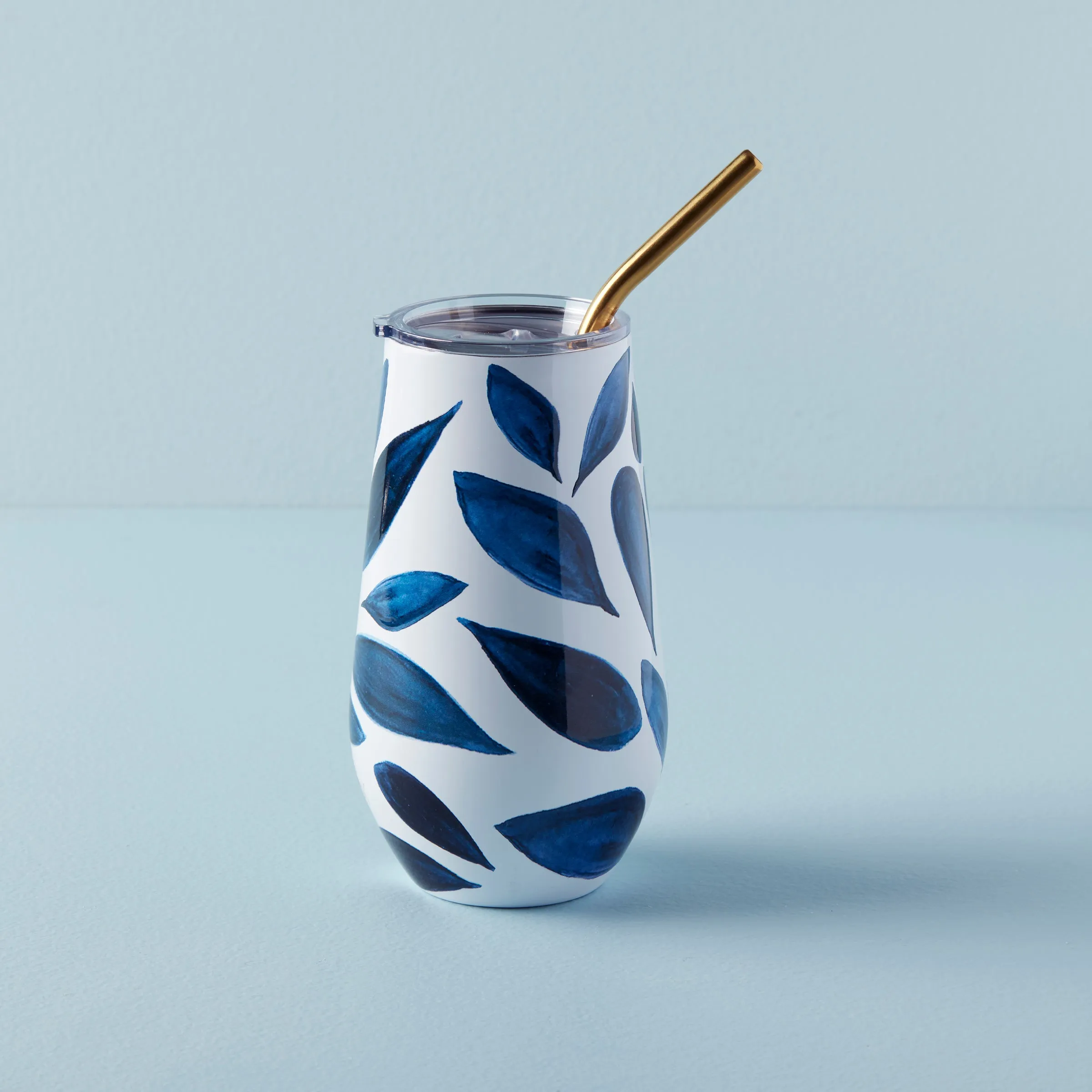 Blue Bay Leaf Stainless Steel Wine Tumbler & Straw