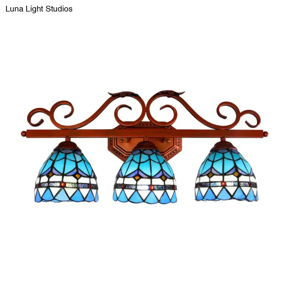 Blue Glass Bell Vanity Wall Light with Mediterranean Style and Copper Scroll Arm - 3 Bulbs Sconce Lighting