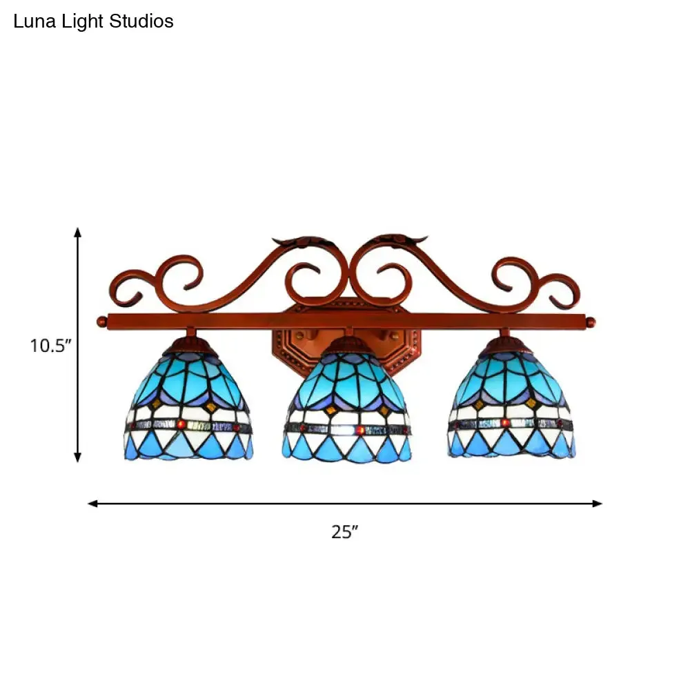 Blue Glass Bell Vanity Wall Light with Mediterranean Style and Copper Scroll Arm - 3 Bulbs Sconce Lighting