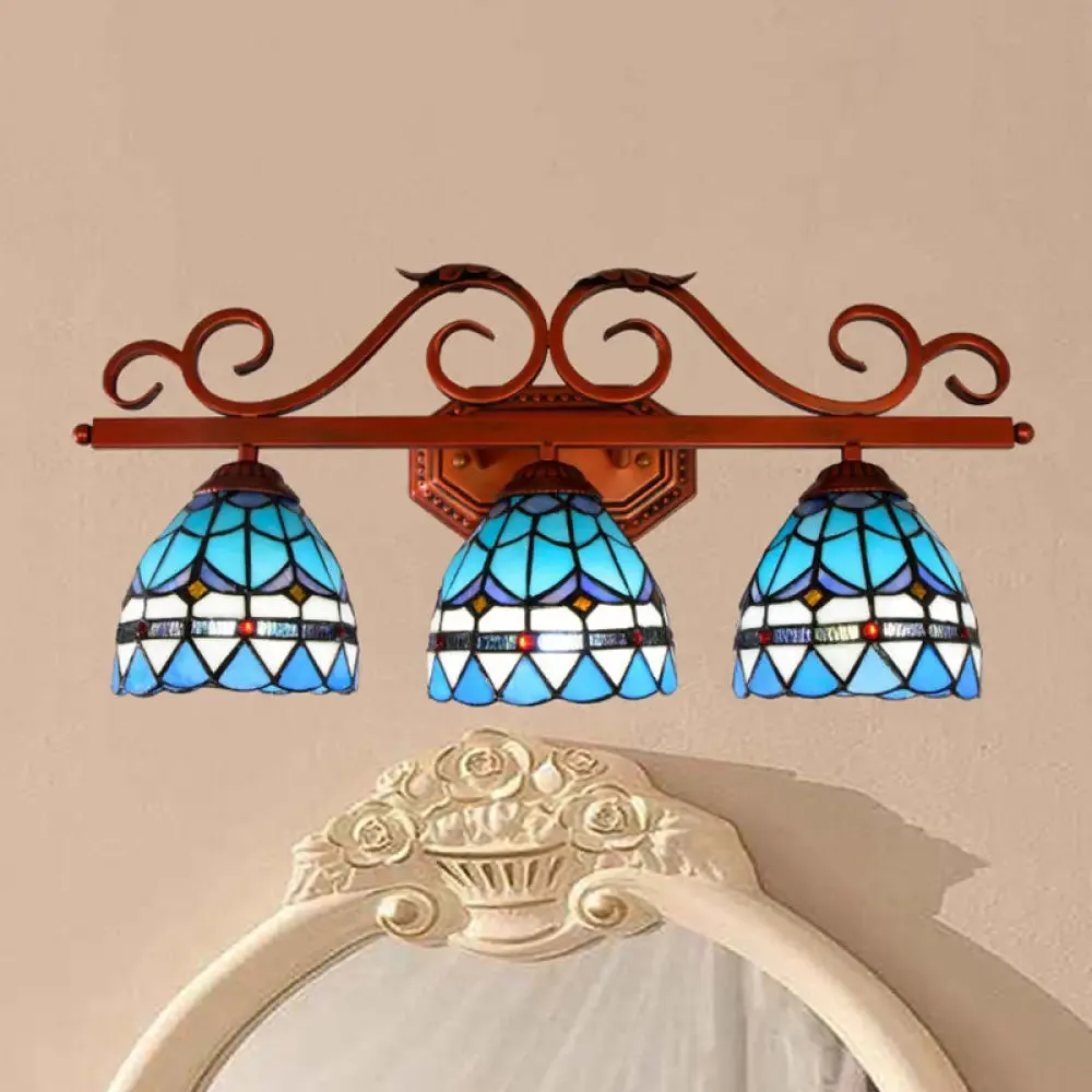 Blue Glass Bell Vanity Wall Light with Mediterranean Style and Copper Scroll Arm - 3 Bulbs Sconce Lighting