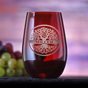 Custom Family Tree Red Stemless Wine Glass Tumbler by Crystal Imagery