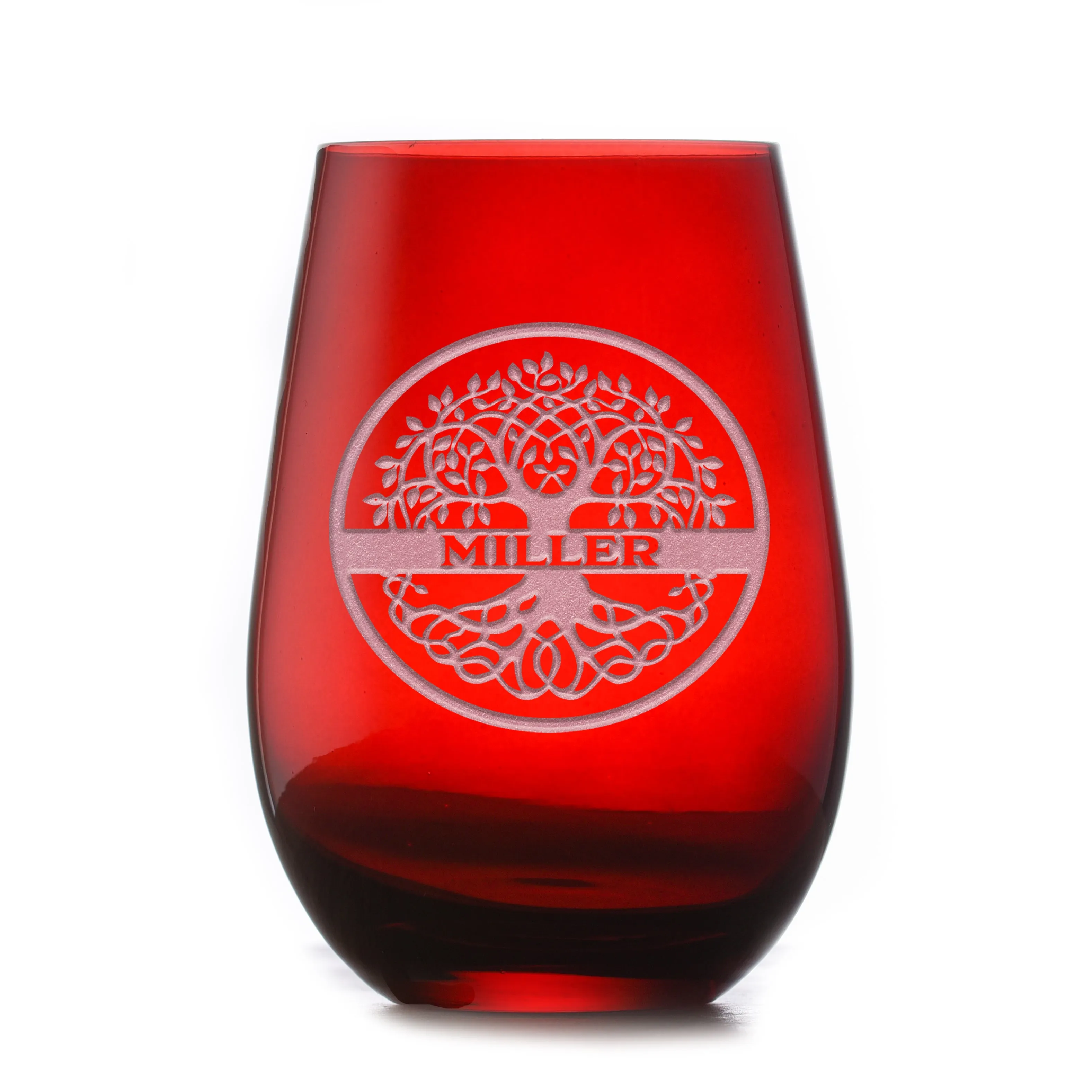 Custom Family Tree Red Stemless Wine Glass Tumbler by Crystal Imagery