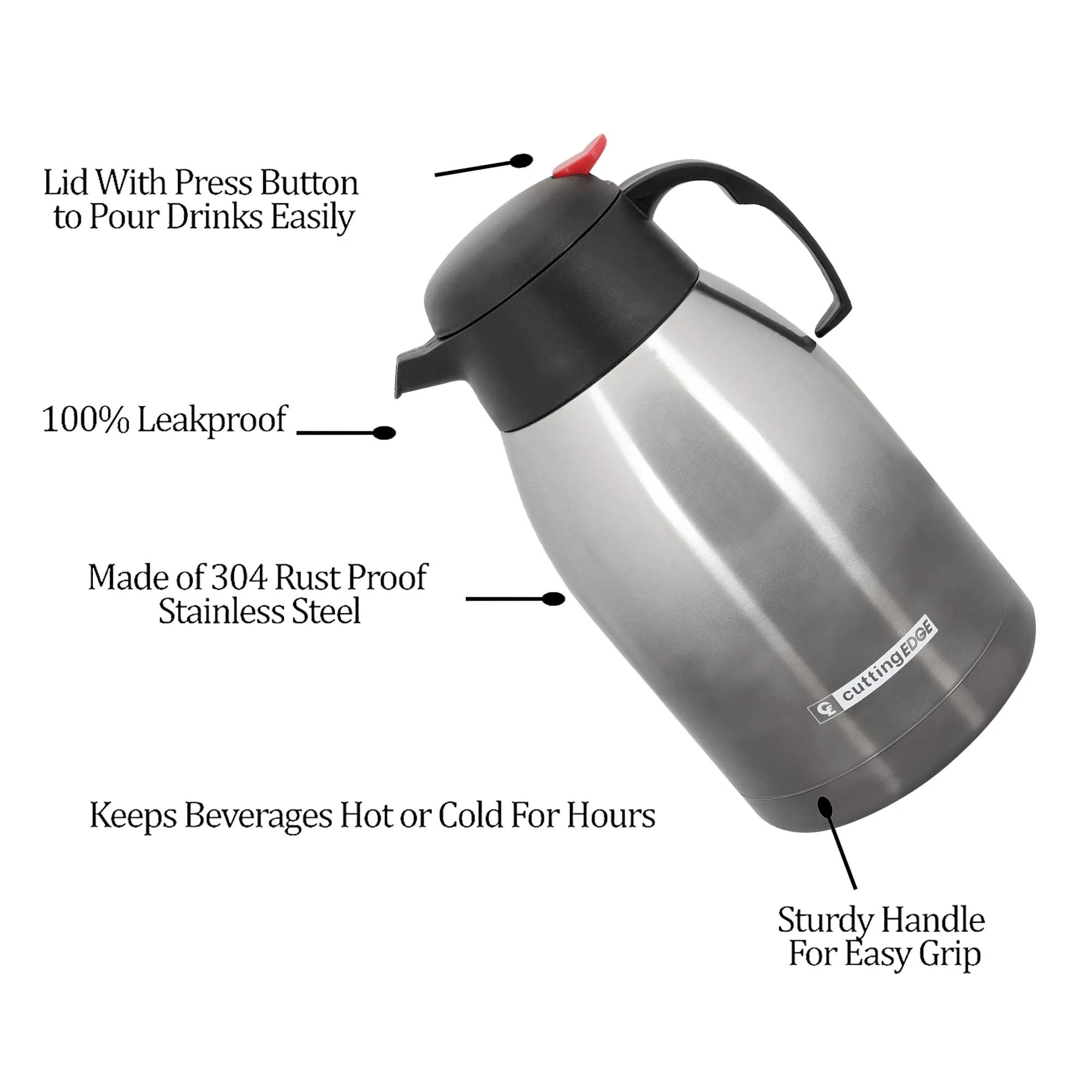 Cutting EDGE Thermo Steel Vacuum Insulated Pot 2L, Silver Black, with Push Button,Hot or Cold Coffee/Tea Flask, 100% Leak Proof, Easy to Carry, Ideal for Tea, Coffee, Juice, Water