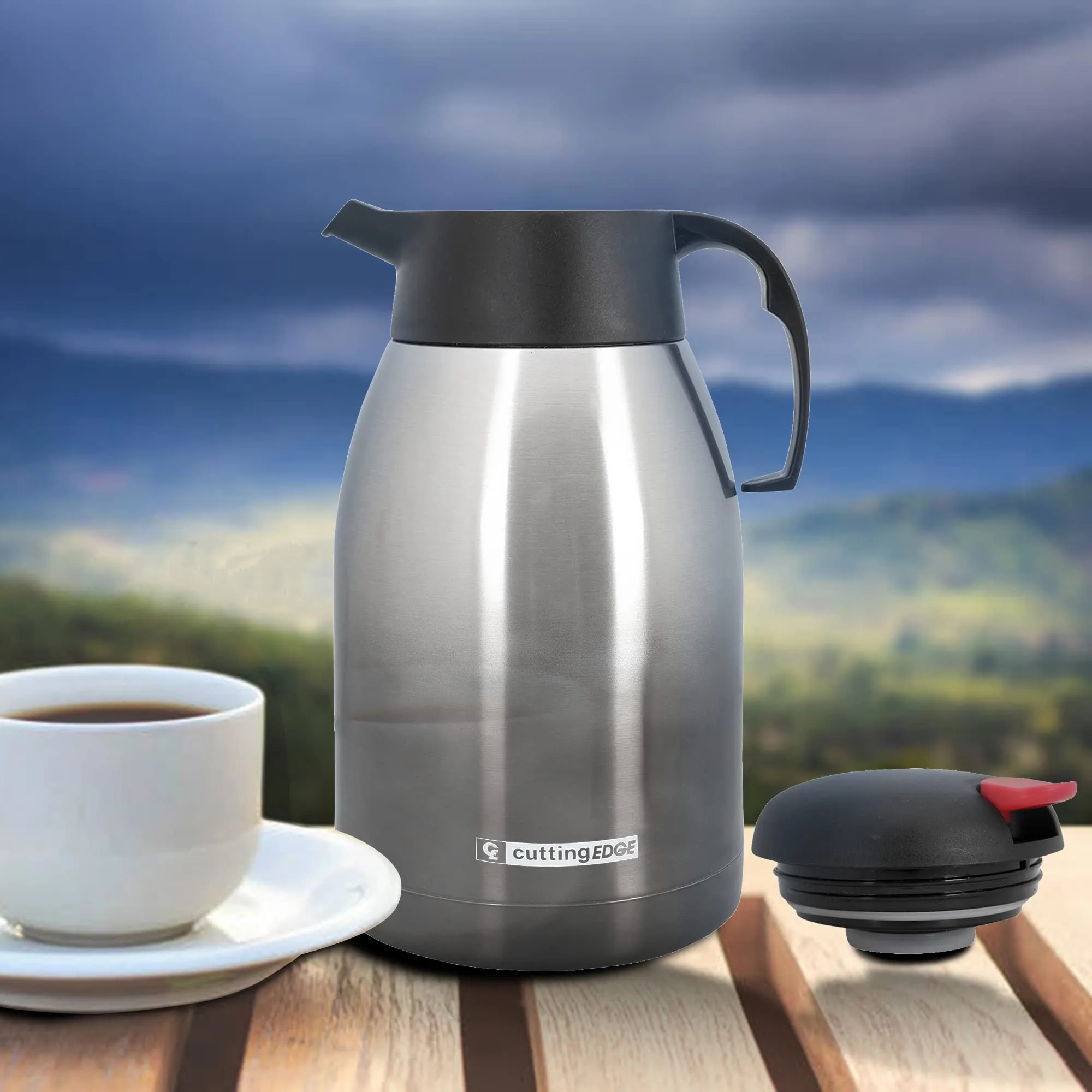 Cutting EDGE Thermo Steel Vacuum Insulated Pot 2L, Silver Black, with Push Button,Hot or Cold Coffee/Tea Flask, 100% Leak Proof, Easy to Carry, Ideal for Tea, Coffee, Juice, Water