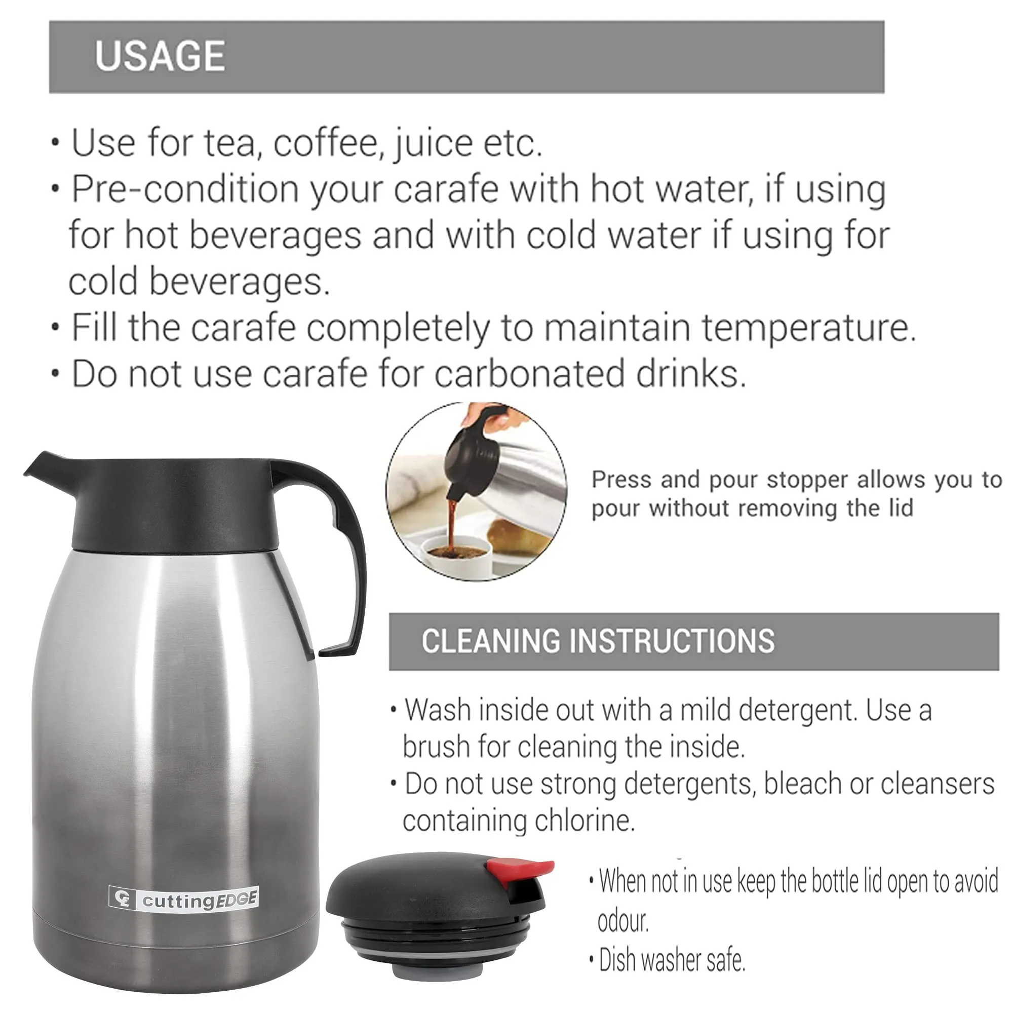 Cutting EDGE Thermo Steel Vacuum Insulated Pot 2L, Silver Black, with Push Button,Hot or Cold Coffee/Tea Flask, 100% Leak Proof, Easy to Carry, Ideal for Tea, Coffee, Juice, Water