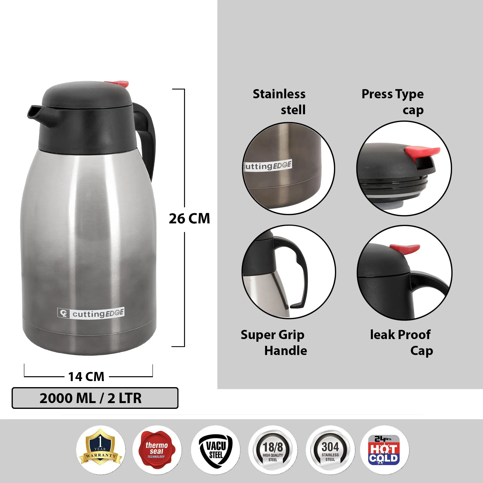 Cutting EDGE Thermo Steel Vacuum Insulated Pot 2L, Silver Black, with Push Button,Hot or Cold Coffee/Tea Flask, 100% Leak Proof, Easy to Carry, Ideal for Tea, Coffee, Juice, Water