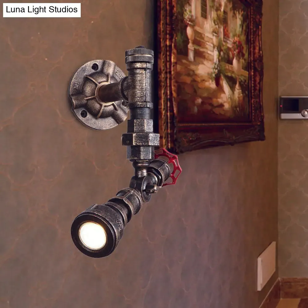 Farmhouse Water Pipe Iron Wall Lamp in Bronze with Red Valve Deco - 1/2-Bulb Sconce Light Fixture