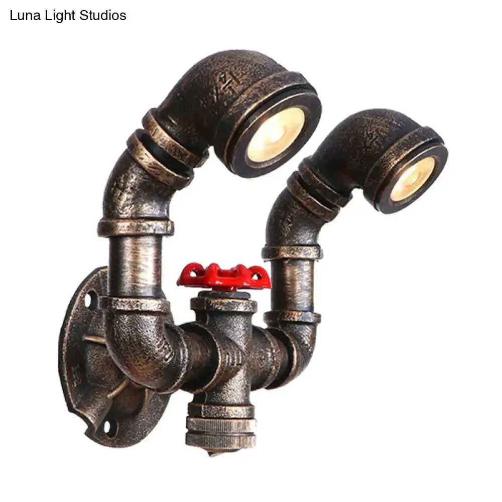 Farmhouse Water Pipe Iron Wall Lamp in Bronze with Red Valve Deco - 1/2-Bulb Sconce Light Fixture