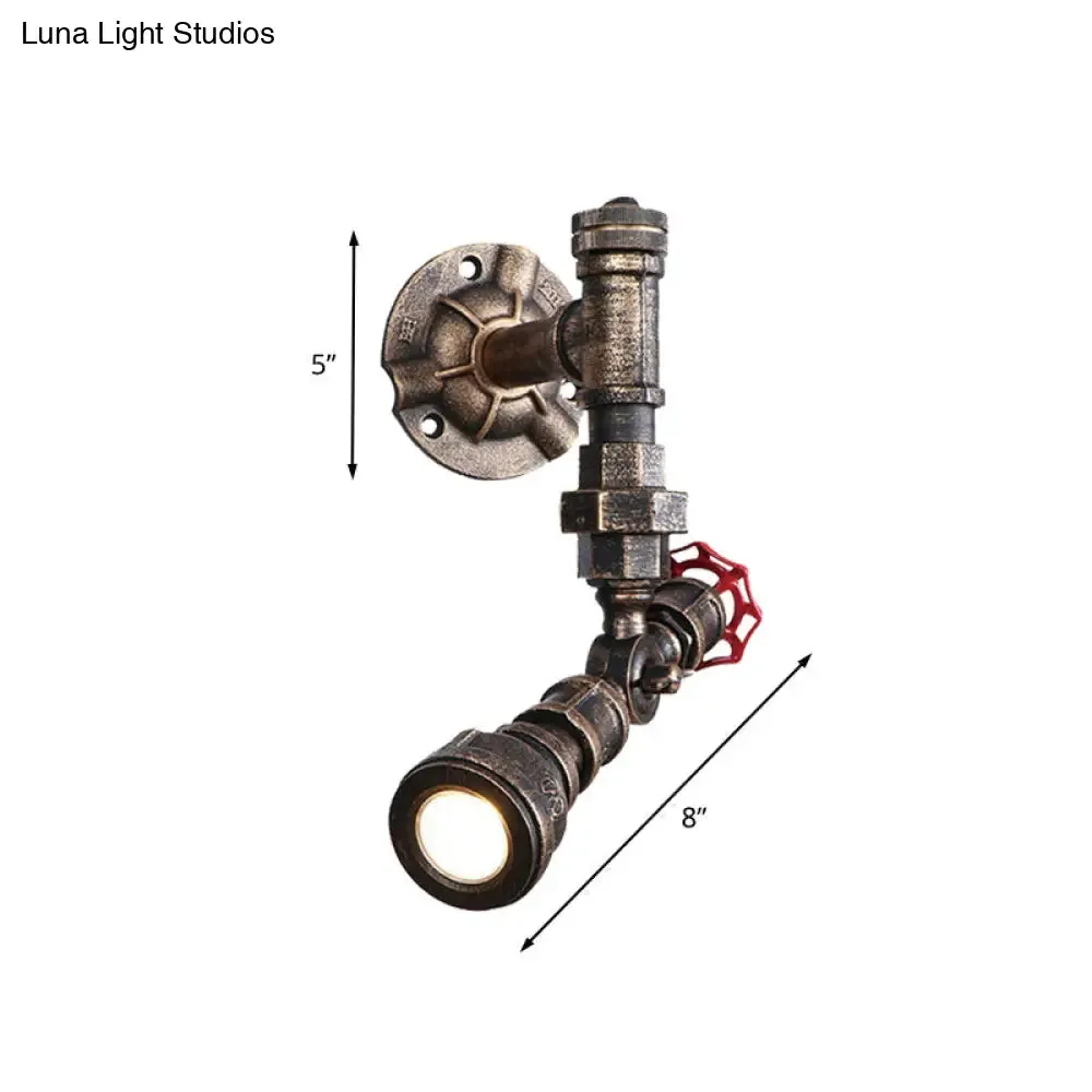 Farmhouse Water Pipe Iron Wall Lamp in Bronze with Red Valve Deco - 1/2-Bulb Sconce Light Fixture