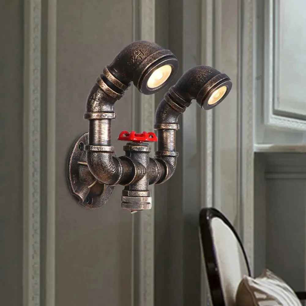 Farmhouse Water Pipe Iron Wall Lamp in Bronze with Red Valve Deco - 1/2-Bulb Sconce Light Fixture