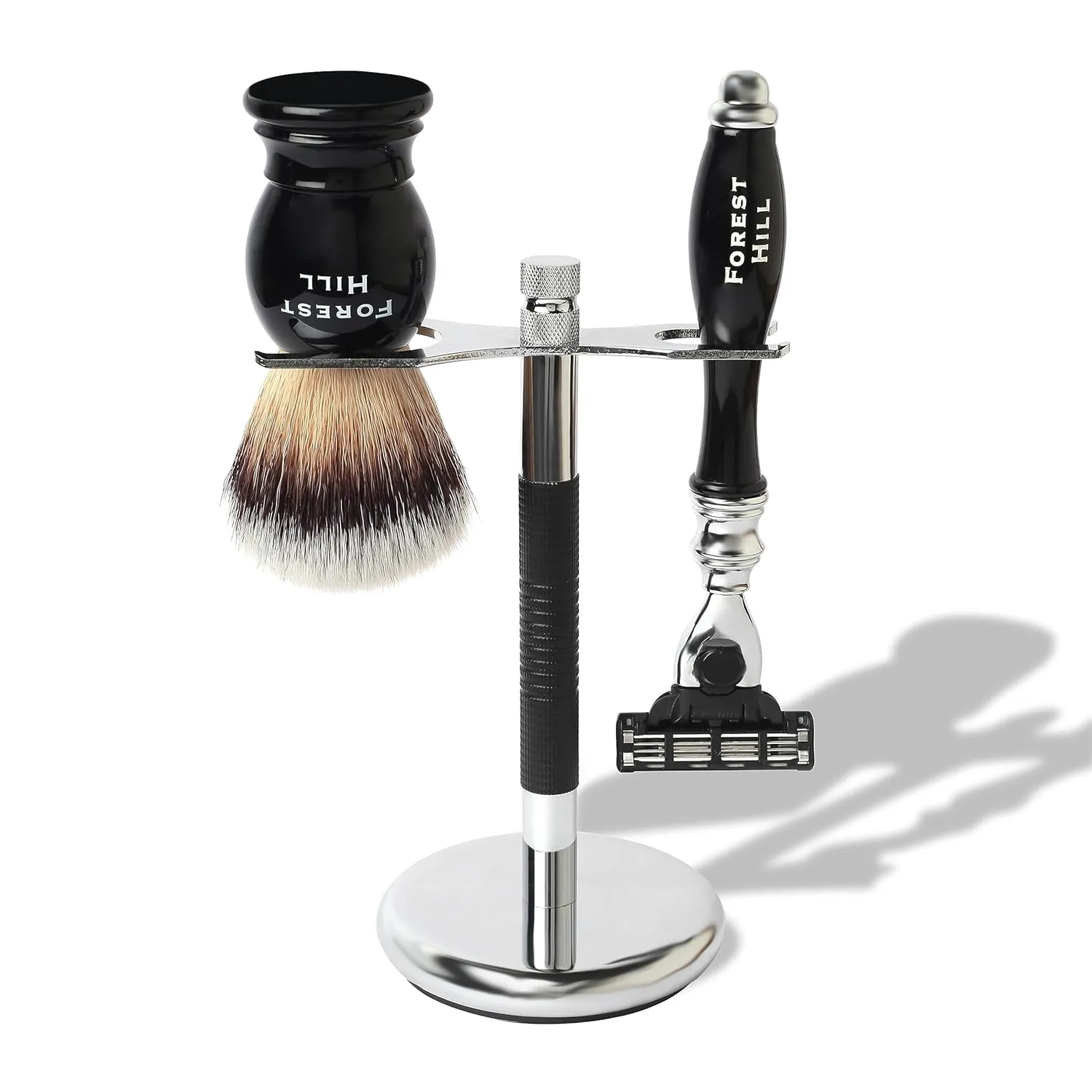 Forest Hill Pack of 3 Men Shaving Kit, Black Ashford Shaving Brush With Holder, Stainless Steel Mach 3 Replaceable 3 Blade Shaving Razor With Black Silicone Protective Sleeve & Steel Shaving Razor & Brush Stand