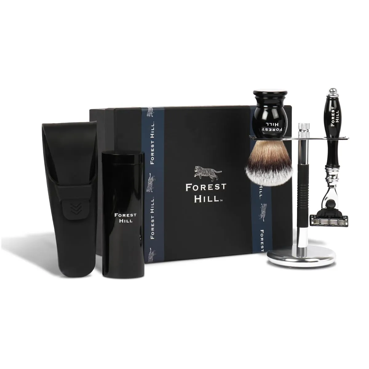 Forest Hill Pack of 3 Men Shaving Kit, Black Ashford Shaving Brush With Holder, Stainless Steel Mach 3 Replaceable 3 Blade Shaving Razor With Black Silicone Protective Sleeve & Steel Shaving Razor & Brush Stand