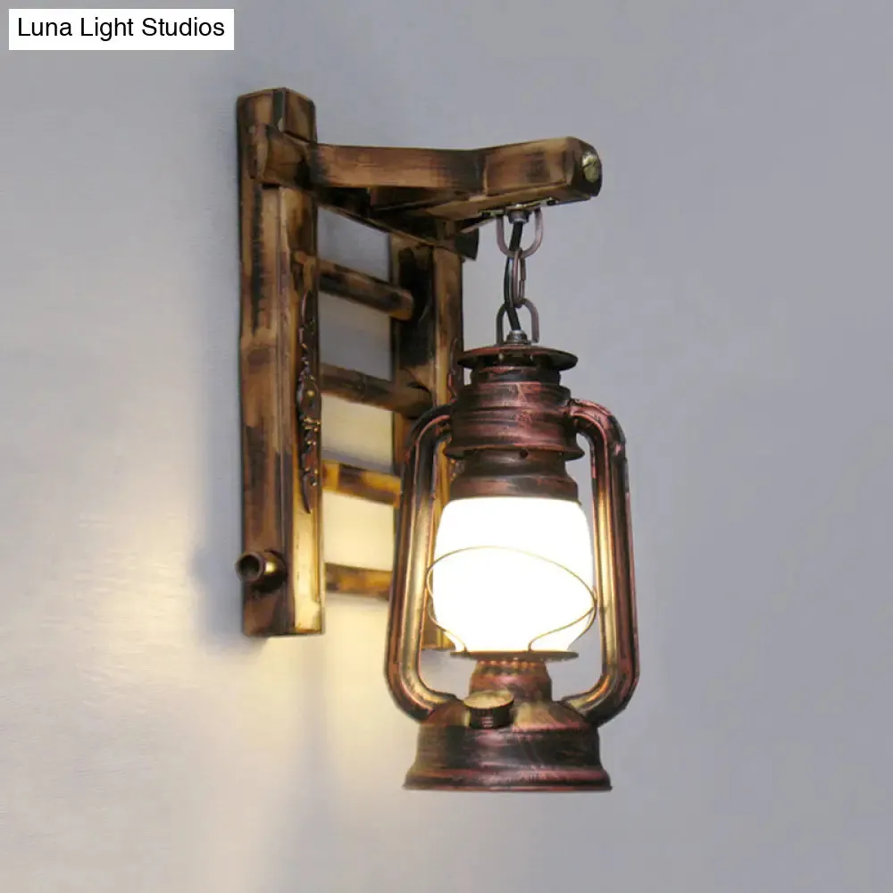 Frosted Glass Lantern Restaurant Wall Light - Copper Finish 1-Light Fixture with Bamboo Backplate