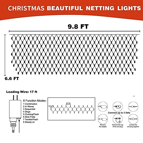 FUNPENY Christmas Net Lights, 9.8ft x 6.6ft 200 LED Mesh Decor with 8 Modes Waterproof Connectable Xmas Decorations for Outdoor Outside Bushes Yard Lawn Patio Tree Garden Party (White)