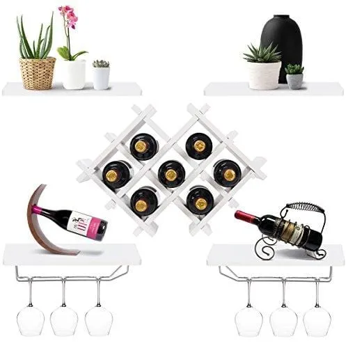 Giantex Set of 5 Wall Mount Wine Rack Set w/ Storage Shelves and Glass Holder (White)