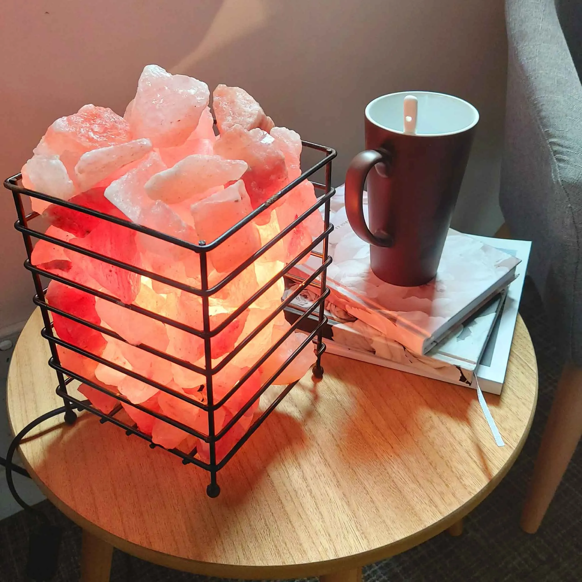 Himalayan Pink Salt Lamp - 12V 12W Iron Basket Rectangle Shape Carved  Rock