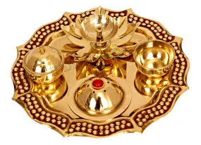 Indian Art Villa Pure Brass Handmade Designer Pooja | Aarti Thali Set Designer Borders, Spiritual Item, 20.32 cm