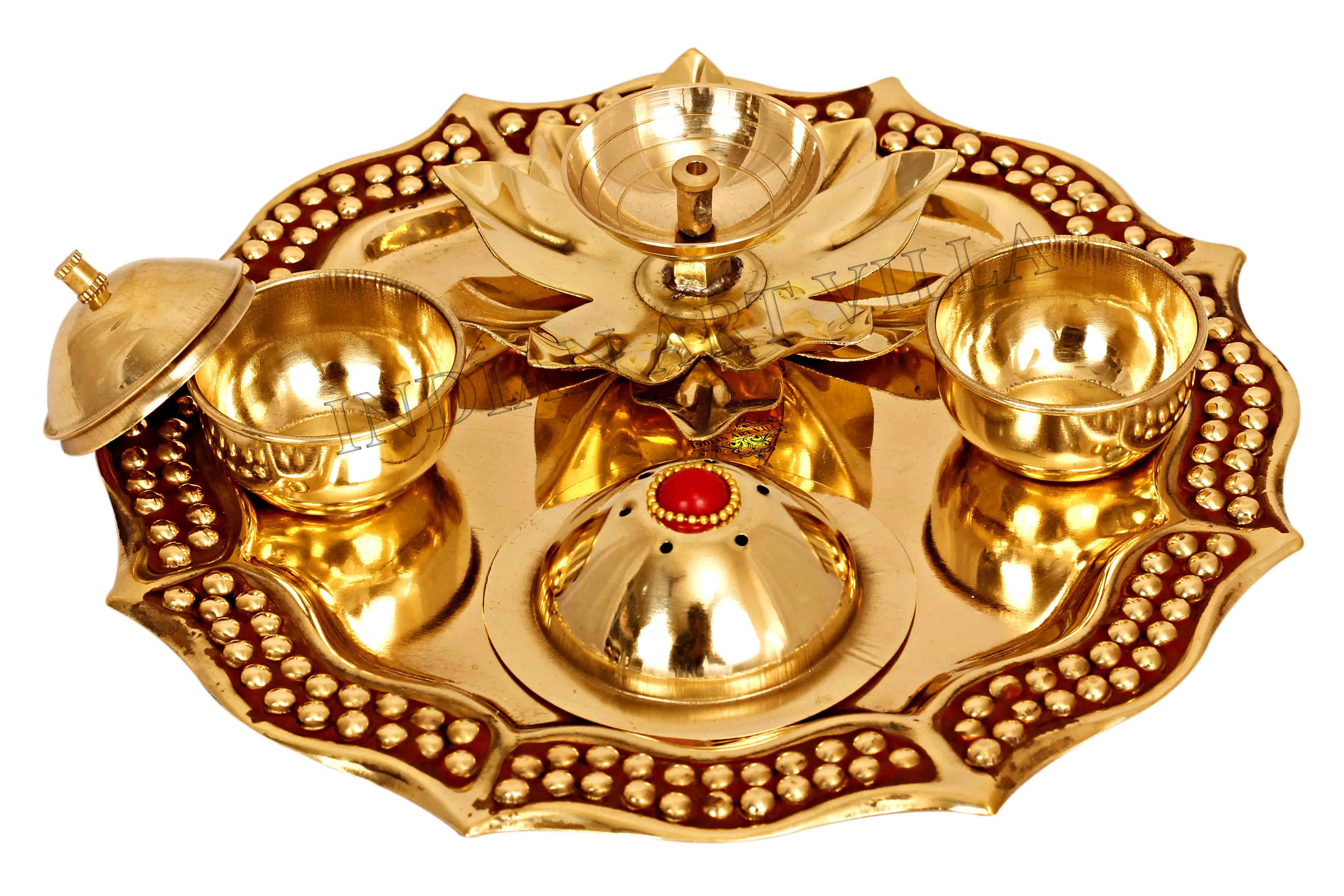 Indian Art Villa Pure Brass Handmade Designer Pooja | Aarti Thali Set Designer Borders, Spiritual Item, 20.32 cm