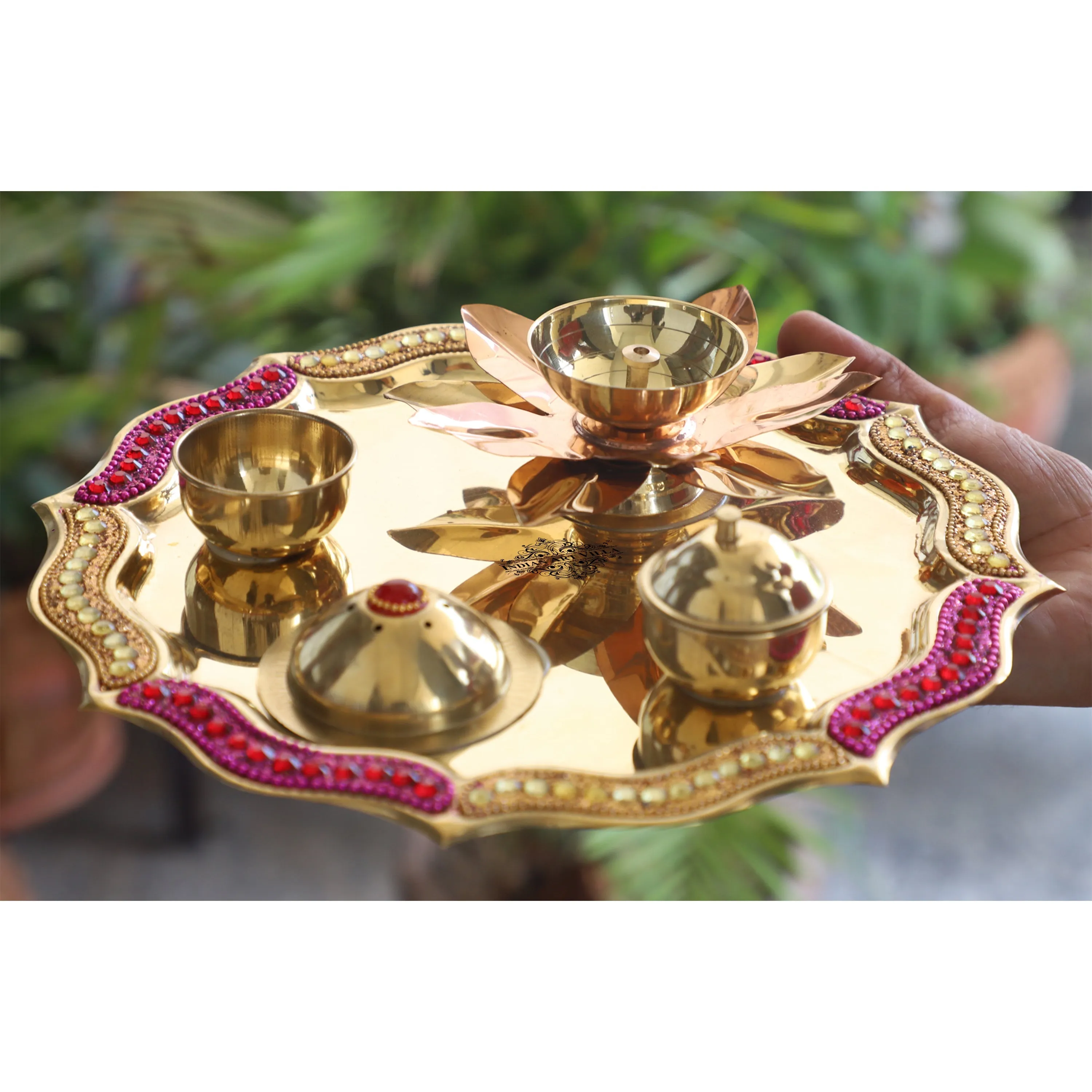 Indian Art Villa Pure Brass Handmade Designer Pooja, Aarti Thali Set Designer Borders, Spiritual Item, 25.40 CMS