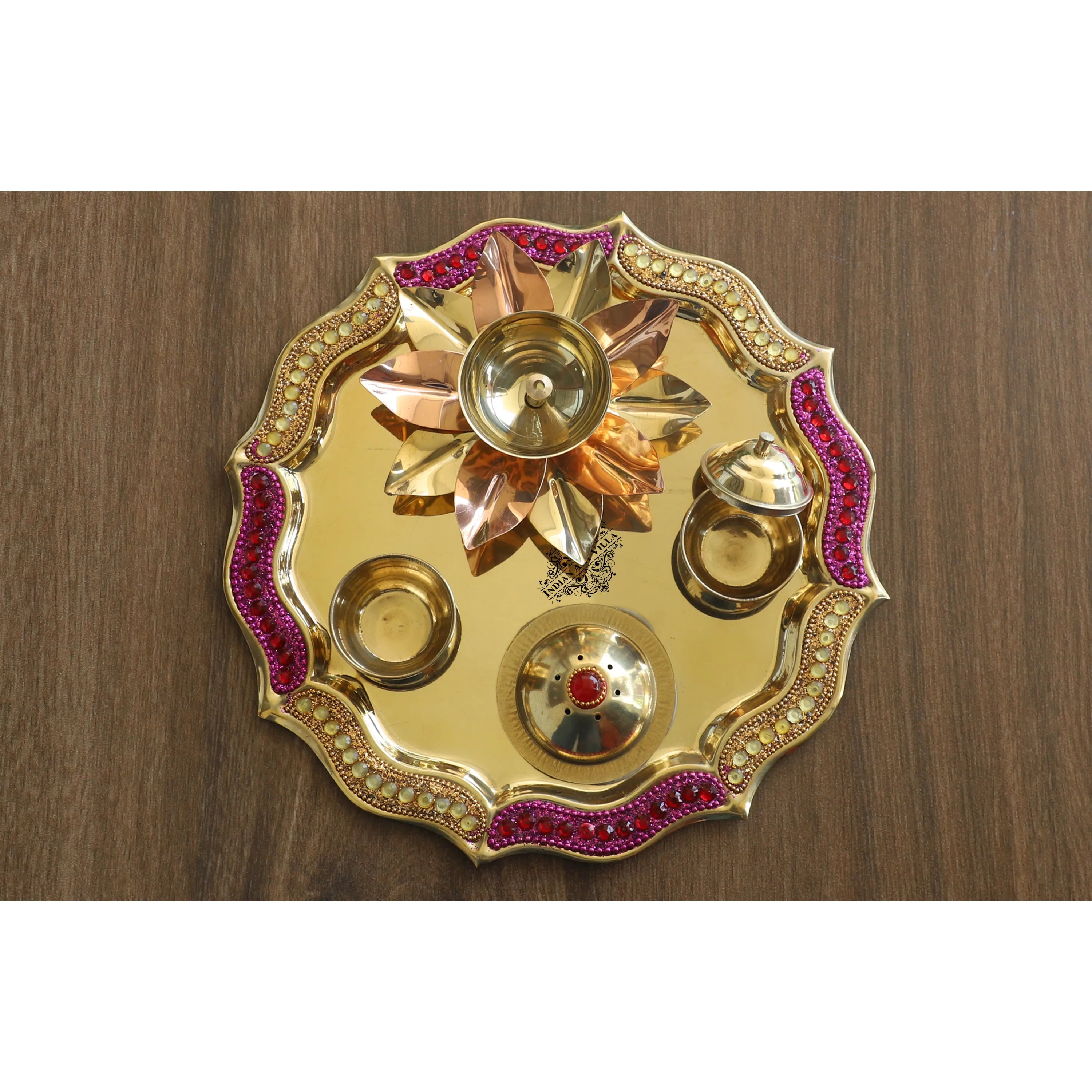 Indian Art Villa Pure Brass Handmade Designer Pooja, Aarti Thali Set Designer Borders, Spiritual Item, 25.40 CMS