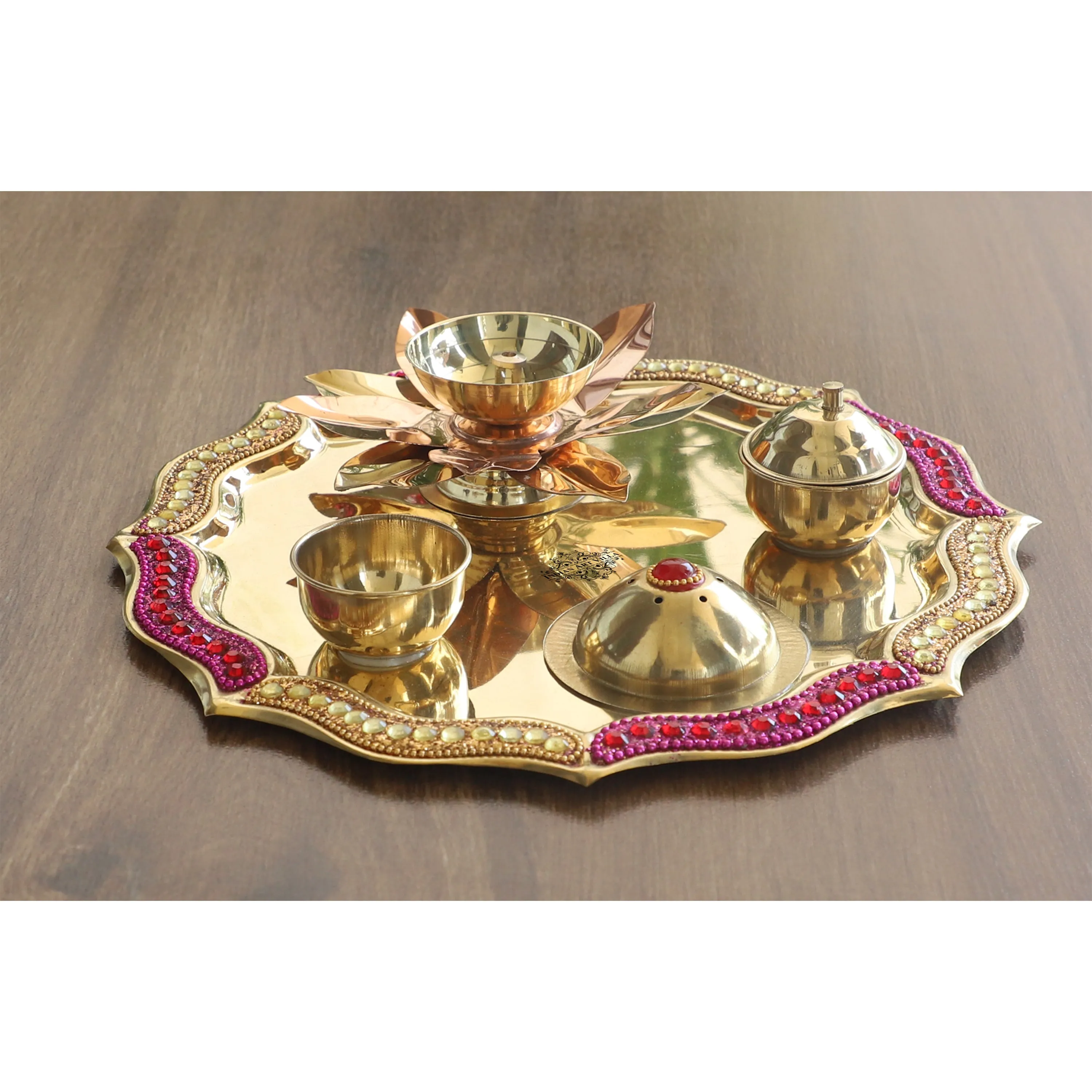 Indian Art Villa Pure Brass Handmade Designer Pooja, Aarti Thali Set Designer Borders, Spiritual Item, 25.40 CMS