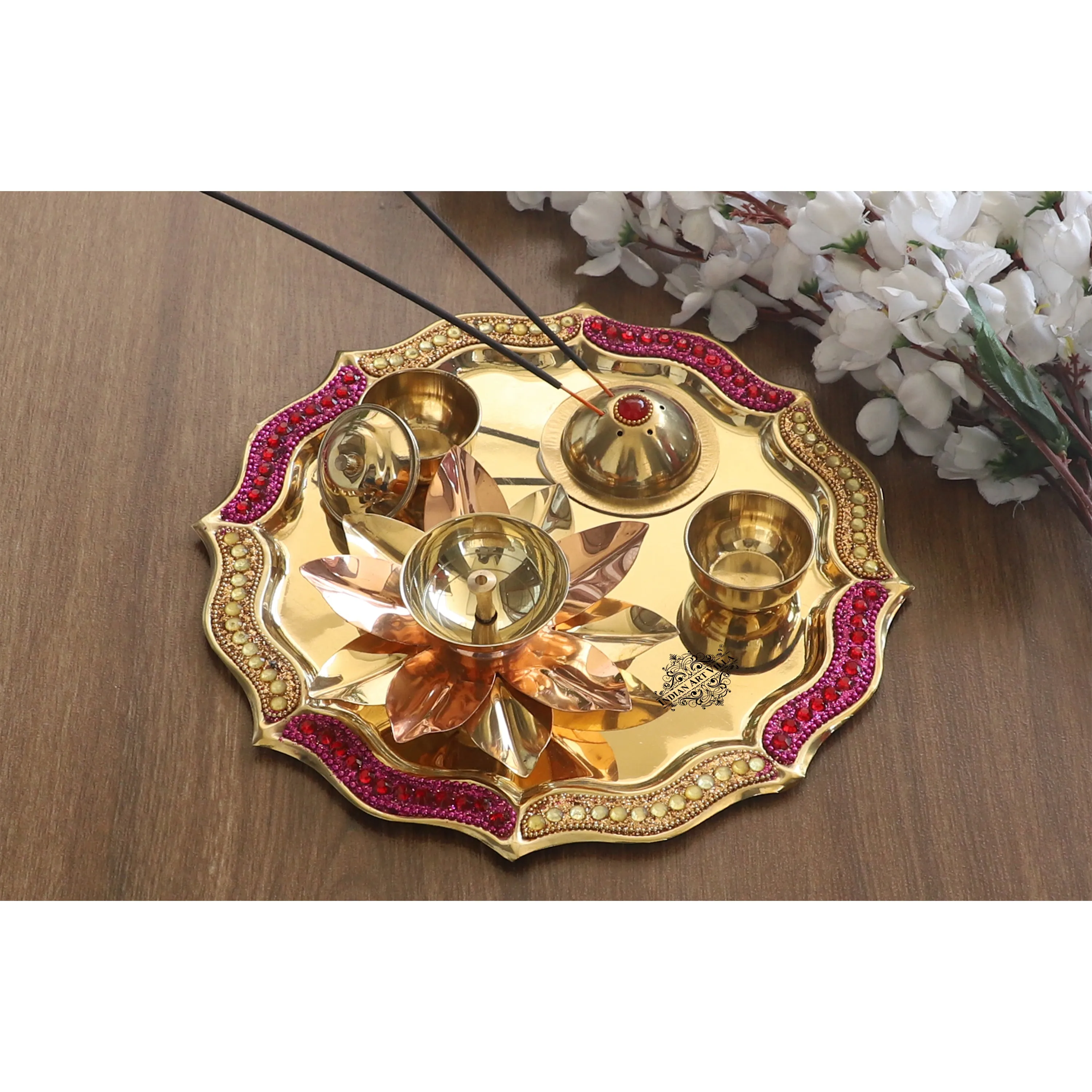 Indian Art Villa Pure Brass Handmade Designer Pooja, Aarti Thali Set Designer Borders, Spiritual Item, 25.40 CMS