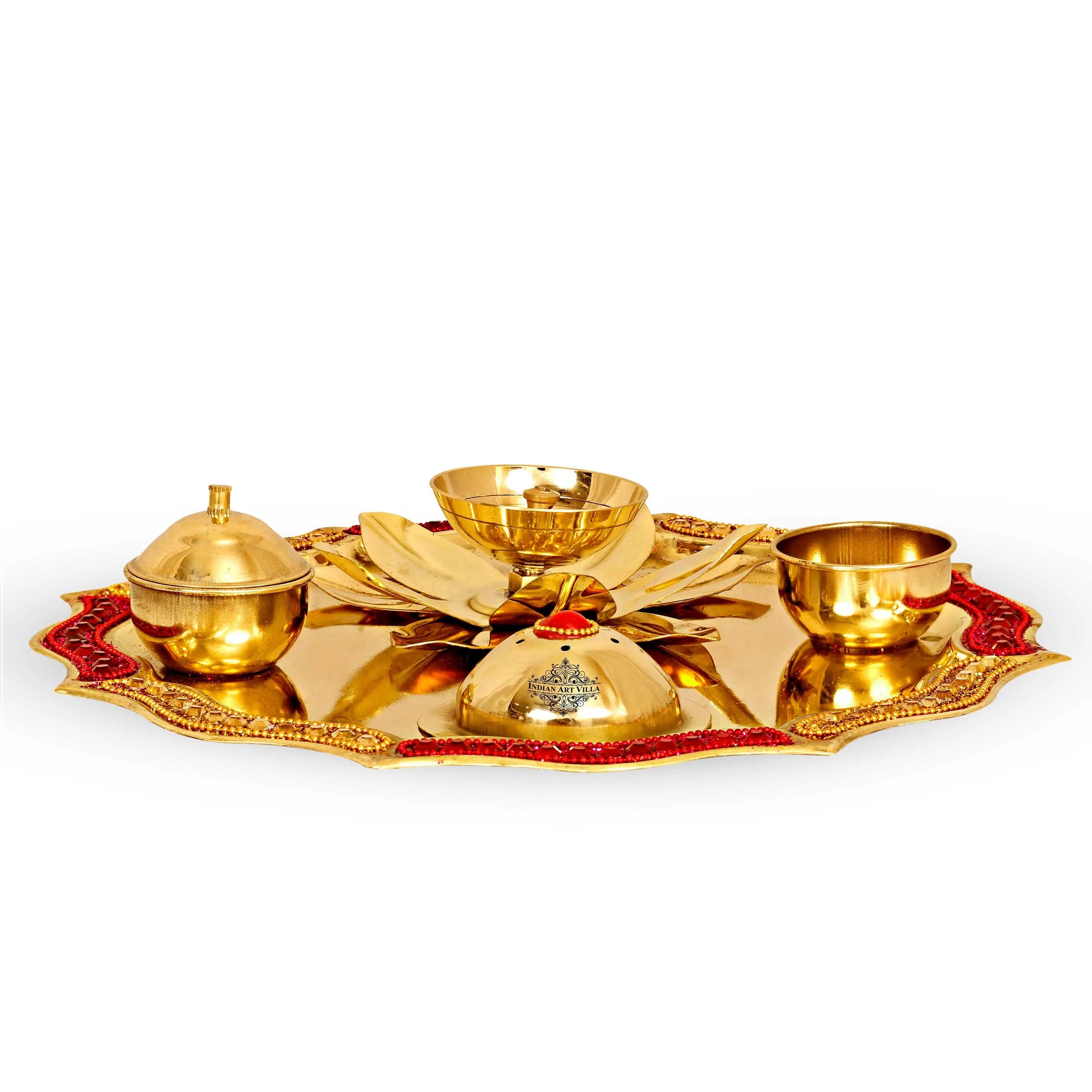 Indian Art Villa Pure Brass Handmade Designer Pooja, Aarti Thali Set Designer Borders, Spiritual Item, 25.40 CMS