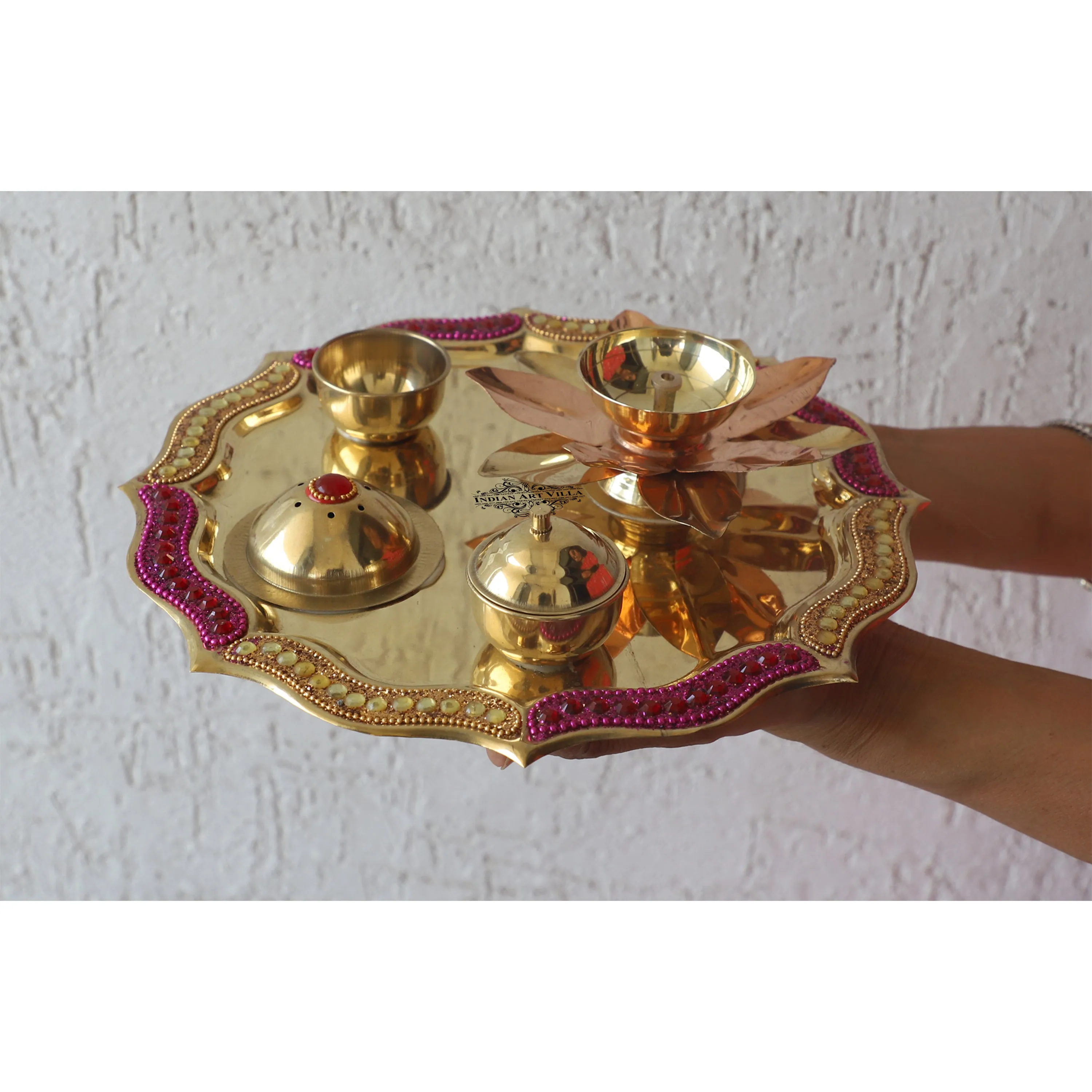 Indian Art Villa Pure Brass Handmade Designer Pooja, Aarti Thali Set Designer Borders, Spiritual Item, 25.40 CMS