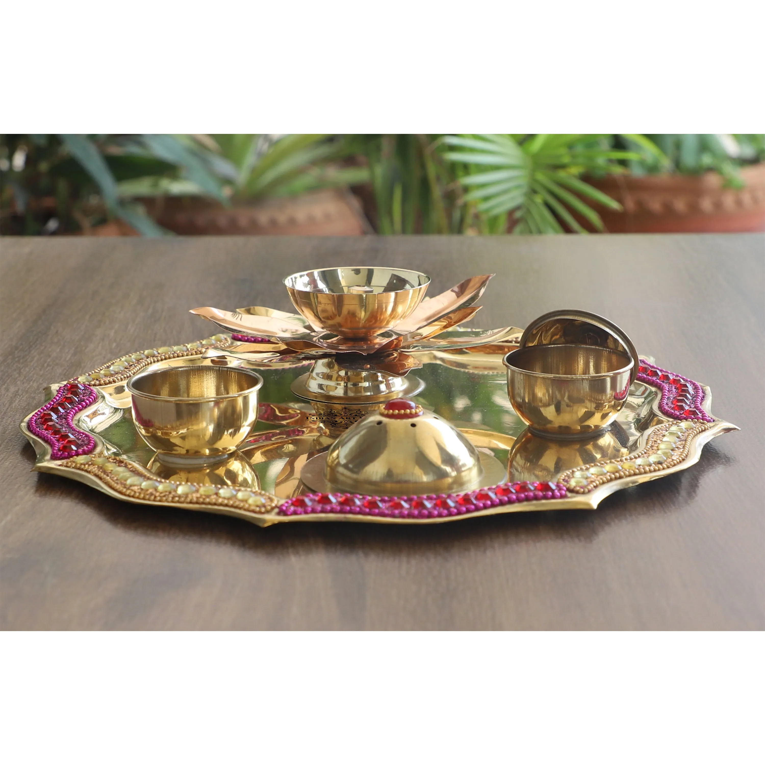 Indian Art Villa Pure Brass Handmade Designer Pooja, Aarti Thali Set Designer Borders, Spiritual Item, 25.40 CMS