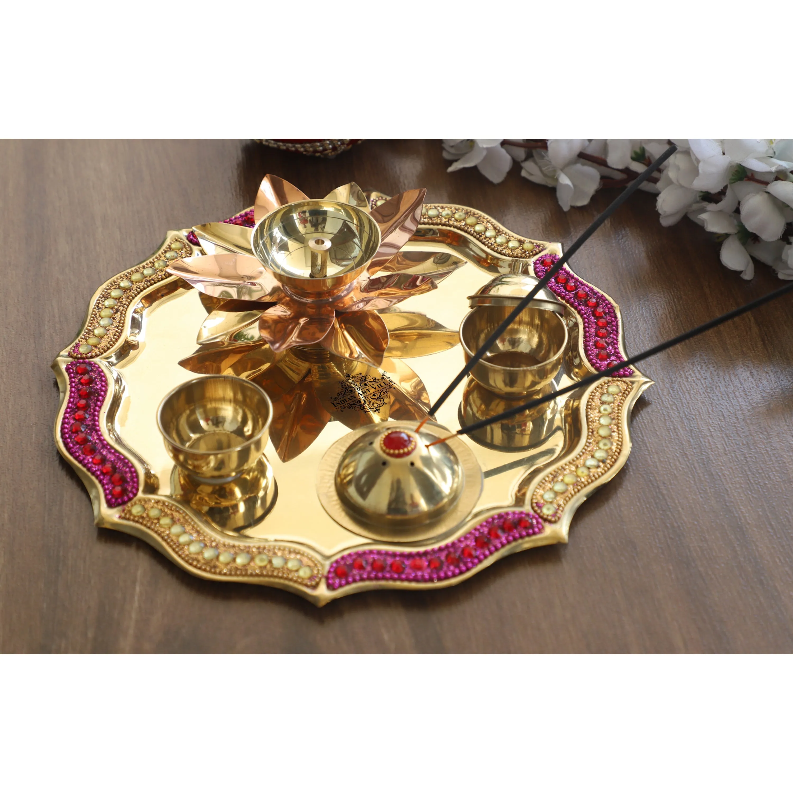 Indian Art Villa Pure Brass Handmade Designer Pooja, Aarti Thali Set Designer Borders, Spiritual Item, 25.40 CMS