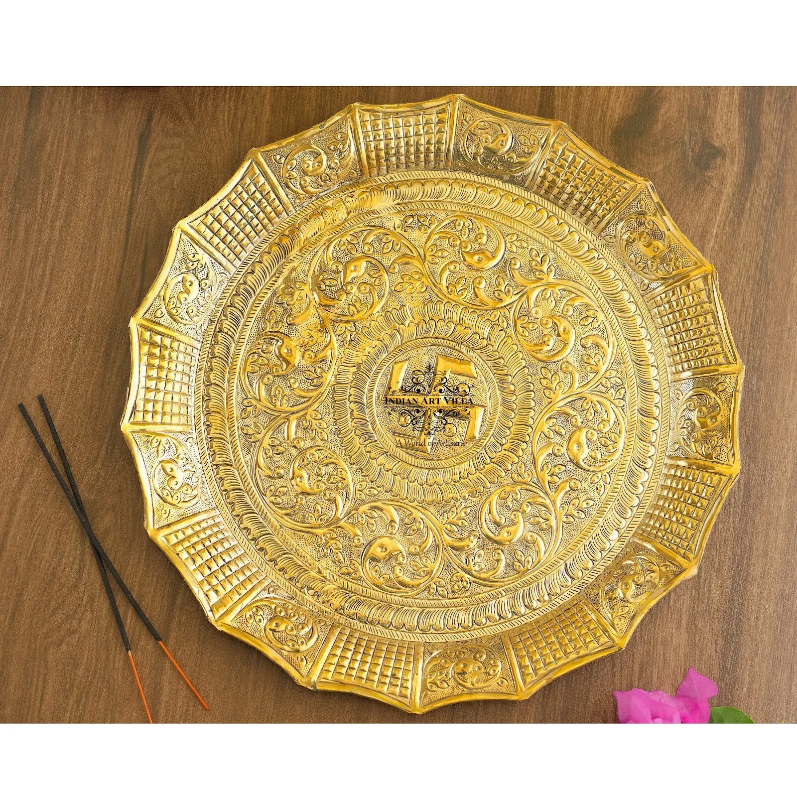 IndianArtVilla Pure Brass Pooja Thali, Swastik Design, For Spritiual & Pooja, 33.02 cm